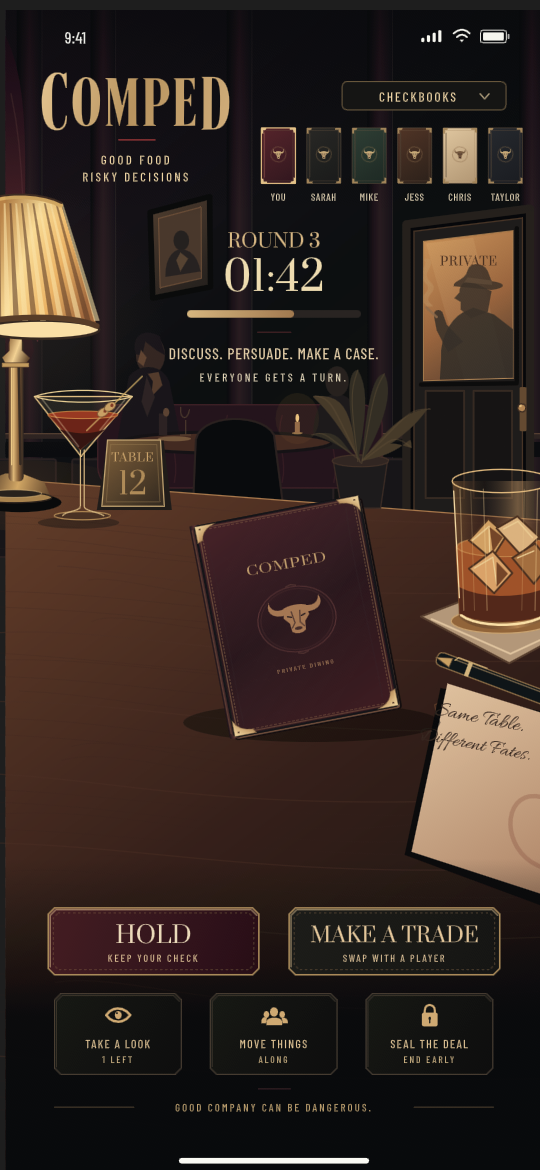 COMPED game screenshot: private checkbooks, the restaurant table, timer, Hold and Make a Trade controls.