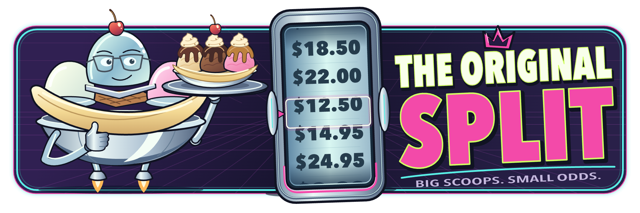 The Original Split: an ice-cream robot balancing dessert beside a spinning bill.