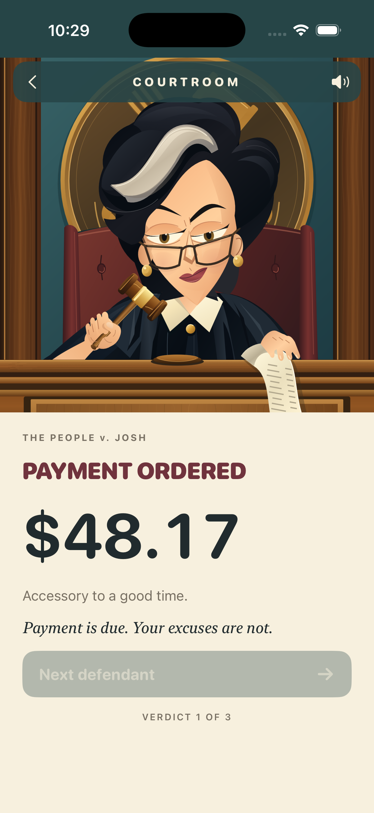 Small Claims game screenshot: Judge Petty in her courtroom above a payment ordered verdict of $48.17.